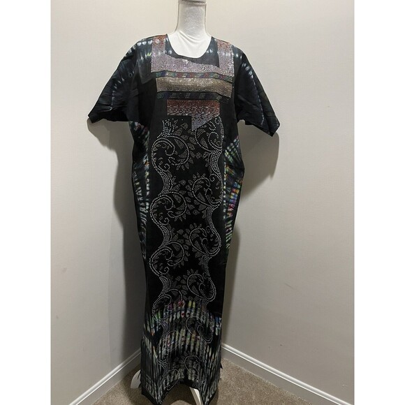 Embellished Swarovski Stoned Kaftan Tie & Dye ADIRE Cotton Long Dress - Picture 7 of 8